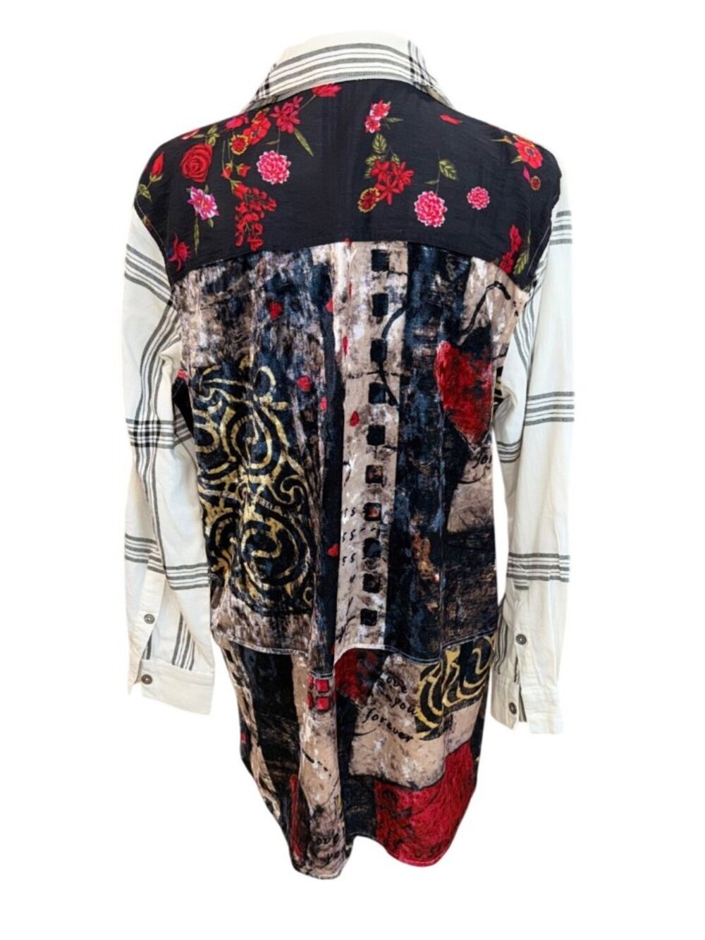 John Mark Womens L Burn Out Velvet Mix Print Plaid Button-Up Shirt Boho Artsy